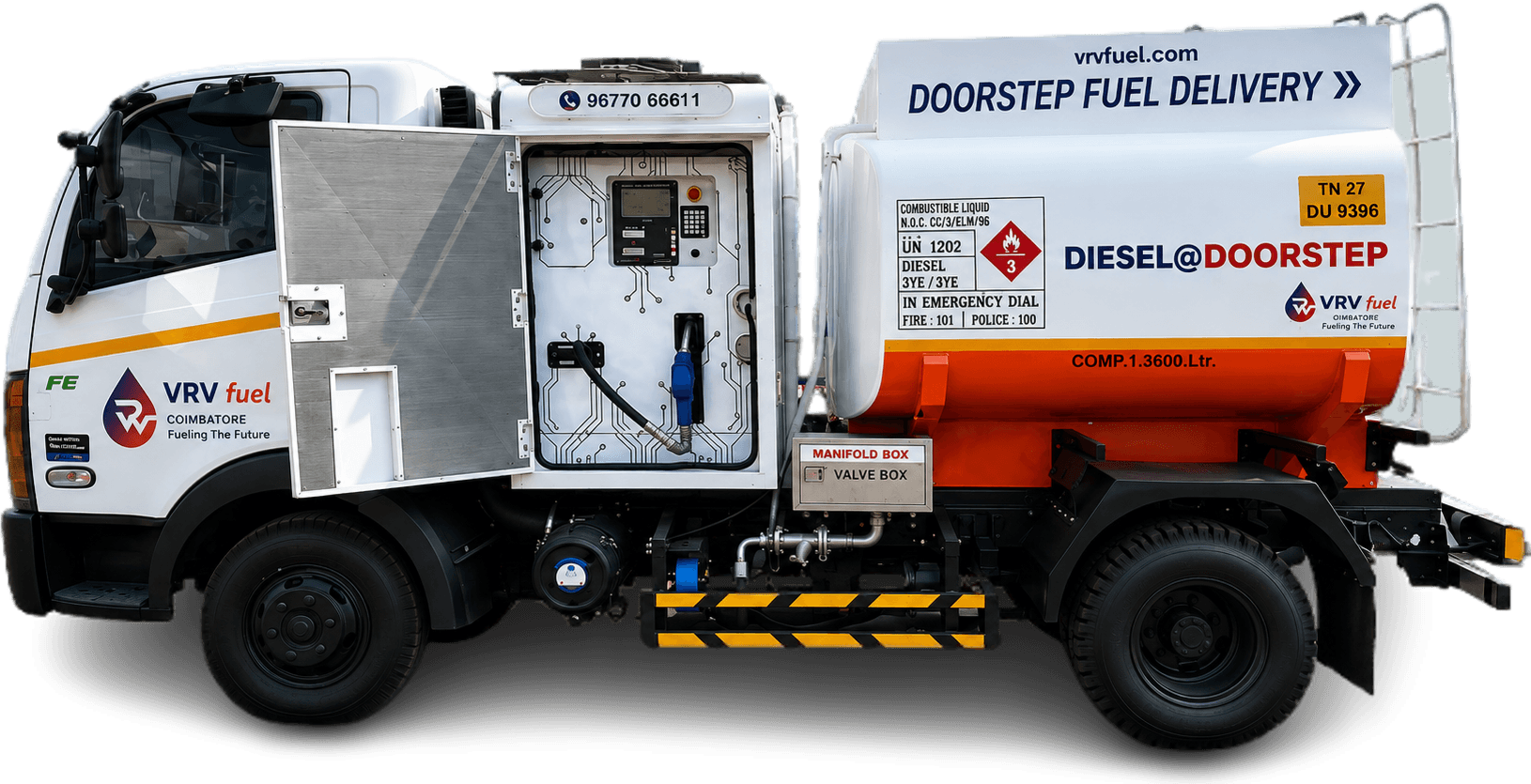 VRV Fuel 3,600-litre doorstep diesel delivery bowser with its dispensing cabinet open
